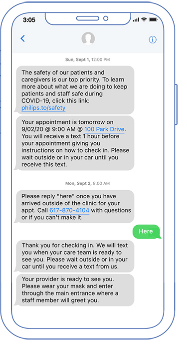 Bildschirm von Philips Patient Manager auf einem Mobiltelefon, auf dem Schritte zur Anleitung eines Patienten zu sehen sind, angefangen mit der Vorbereitung auf den Termin