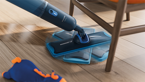 Der Kopf des Philips OneUp elektrischen Wischmopps l&auml;sst sich um 360&nbsp;Grad drehen