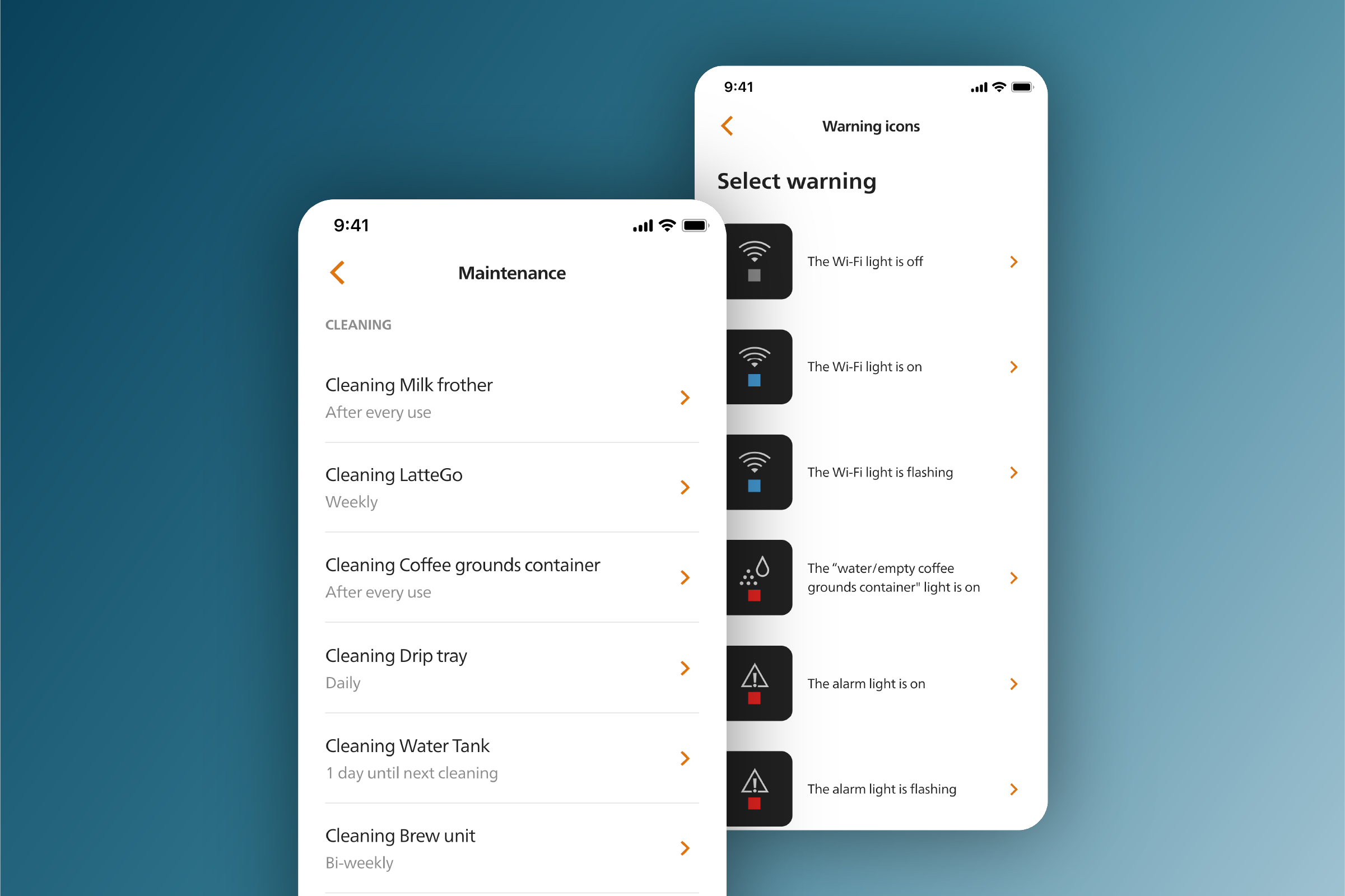 Philips Coffee+ App, Wartungs- und Supportdaten auf Telefonbildschirmen