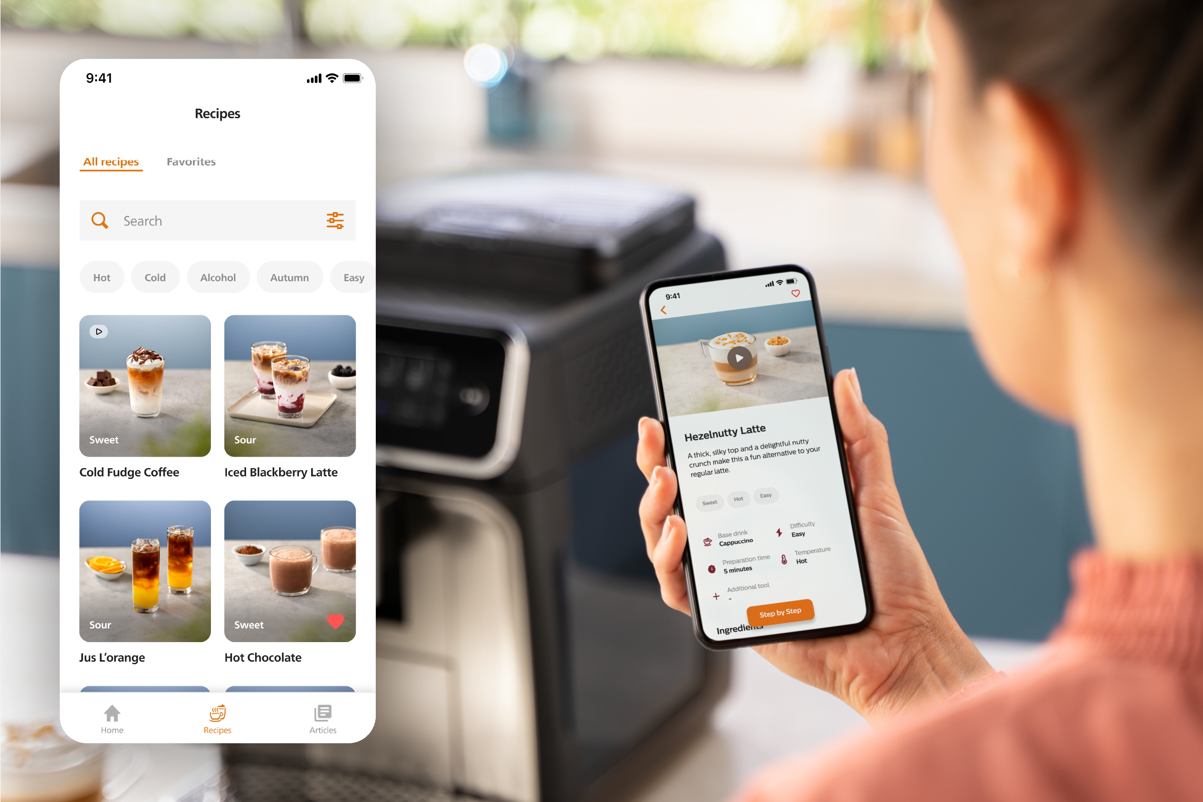 Telefonbildschirme mit Kaffeerezepten in der Coffee+ App